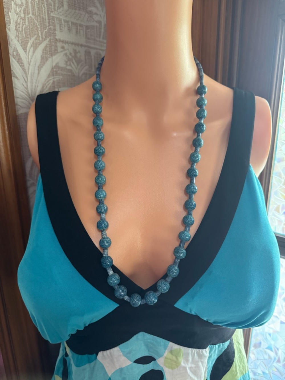 Vintage Long 28” Denim Blue Stone Bead Necklace Twist Closure Boho Southwest